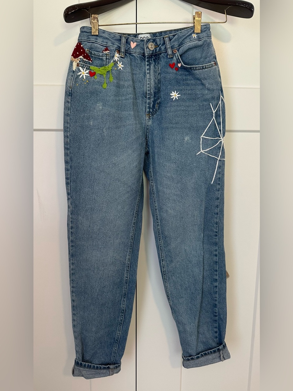 BDG High-Rise Blue Denim Jeans with Embroidered Floral‎ & Spiderweb Accents
